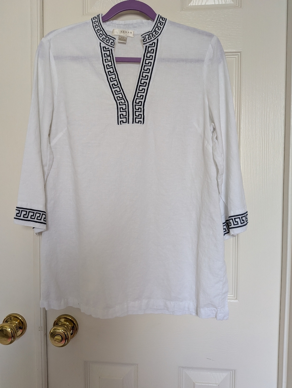 Kenar White Tunic with Navy Greek Key Trim,